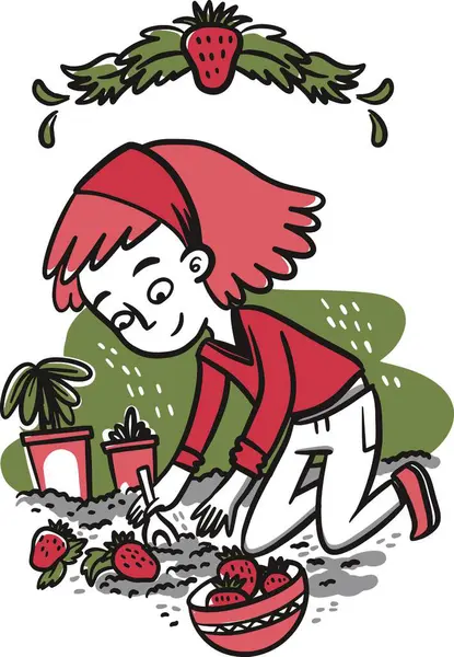 Çilek eken el çizen kız.