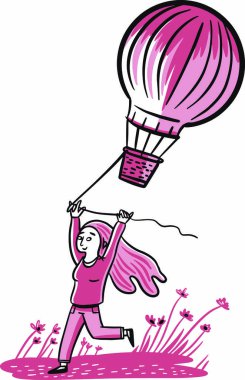 Çekici kız sıcak hava balonunu uçurtma gibi çekiyor.