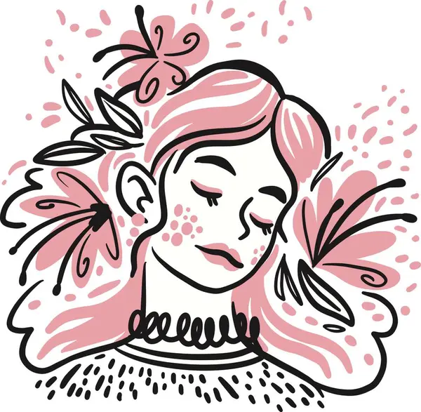 Çiçekli çelenk içinde güzel bir kız. vektör illüstrasyonu