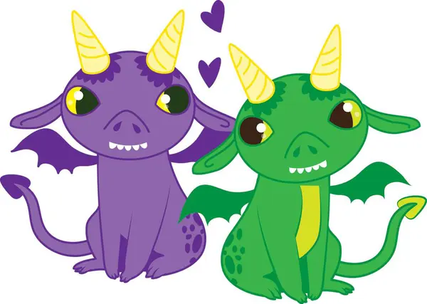 Beyaz arka planda izole edilmiş büyük boynuzları olan sevimli mor ve siyah canavarların vektör çizgi film çizimi