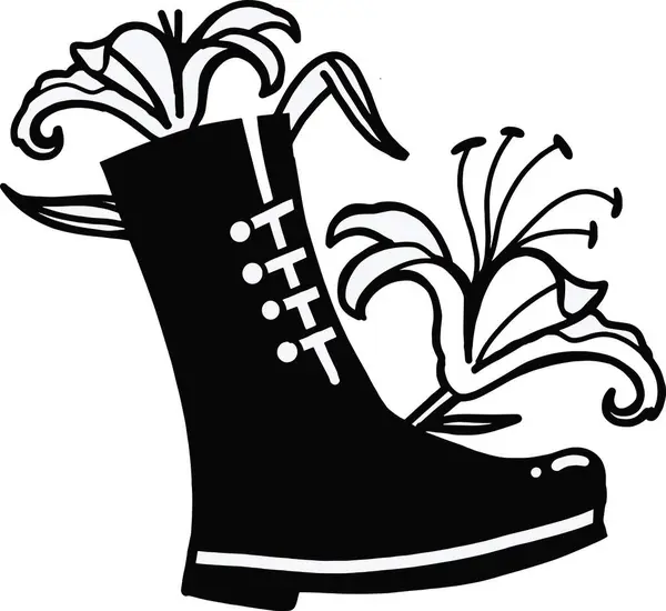 Çiçekli zambaklı bir çift siyah asker çizmesinin vektör çizimi