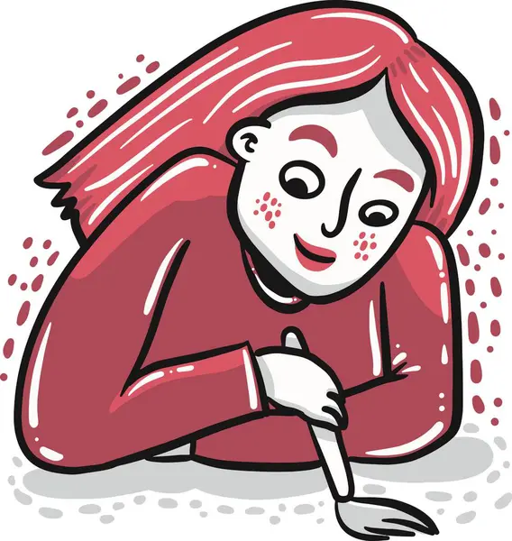 Kırmızı çiçekli ve fırçalı bir kadının el çizimi tasviri. 