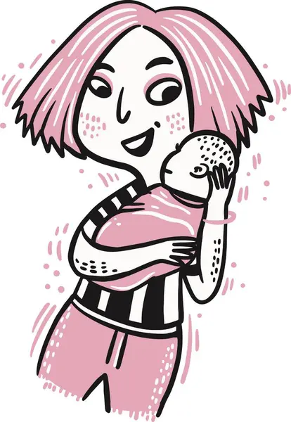 El çizimi tatlı kız kucağında bebek