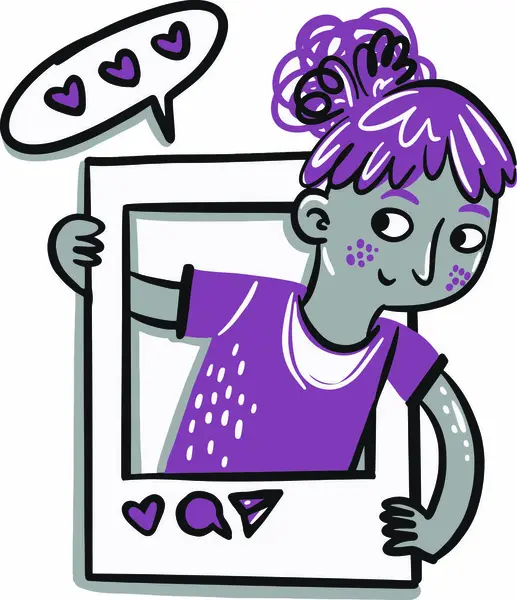 Mor baloncuk çerçeve karakter çizimi çizimi olan sevimli kız