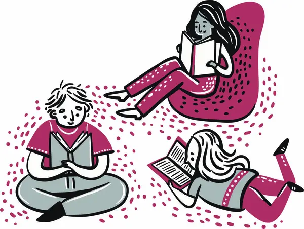 Kitap okuyan insanların el çizimi vektör çizimi