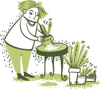 Bir saksı bitkisi ve toprak ile bahçıvanın el çizimi illüstrasyonu