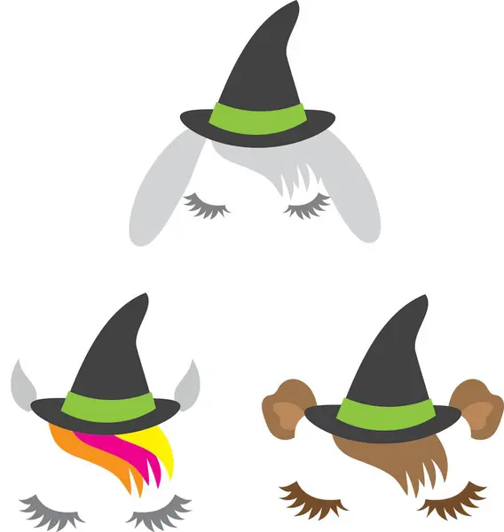 Cadı şapkalı, siyah gözlü ve süpürgeli uykulu cadılar bayramı hayvanları.