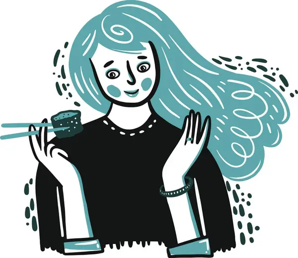 Suşi yiyen el çizimi kız, beyaz arka planda vektör.