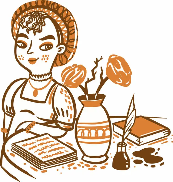 El çizimi Jane Austen, elinde kitap, kahve ve bir sürahi süt olan kadın. vektör illüstrasyonu