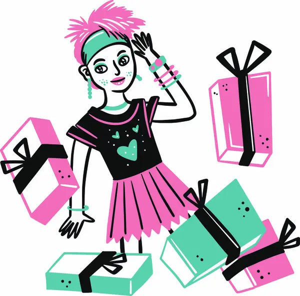 Elle çizilmiş 80 'lerin kızı hediye kutuları tutuyor.