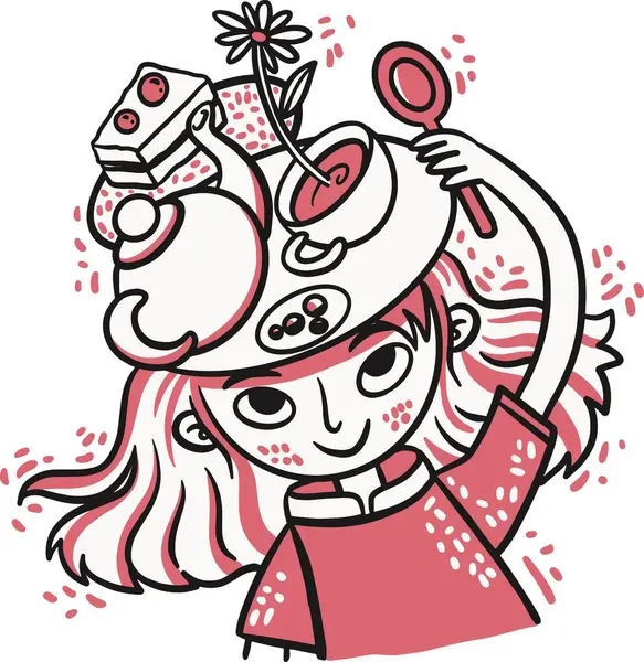 stock vector Hand drawn girl playing with a tea set on her head