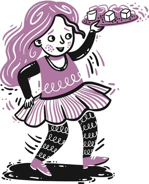 Elle çizilmiş tatlı kız elinde bir tabak şeker tutuyor.