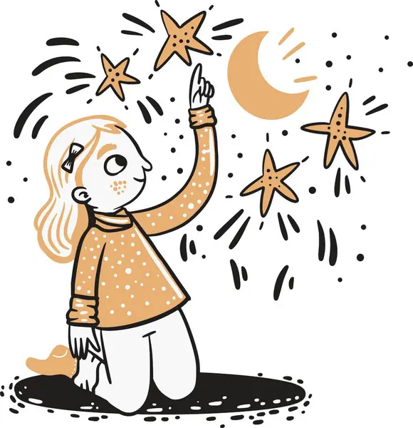 Bir sürü yıldızı olan el çizimi kız.