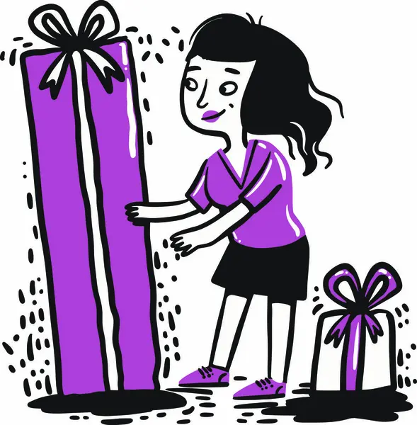 Elinde kocaman bir hediye tutan el çizimi bir kadın.