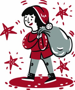 El çizimi Vektör çizimi Kırmızı Noel Baba Kadın ve çuval