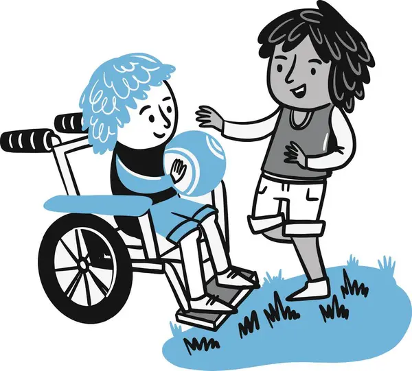 Tekerlekli sandalyedeki çocuk elinde futbol topu olan bir çocukla konuşuyor..