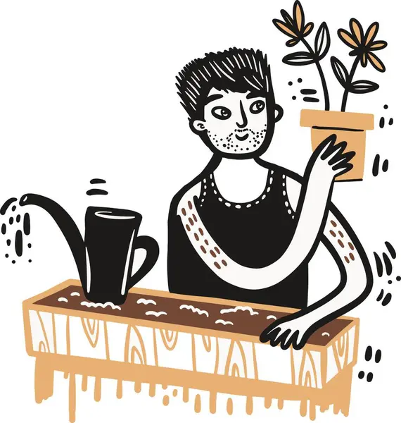 Elle çizilmiş Vektör sanat eseri adam bir bahçede elinde bitki tutuyor.