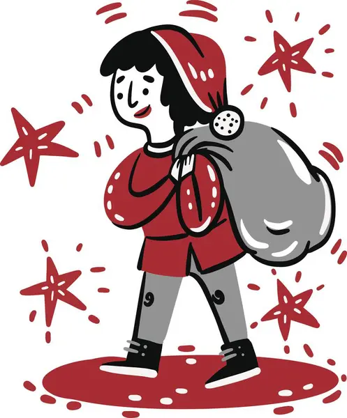 El çizimi Vektör çizimi Kırmızı Noel Baba Kadın ve çuval