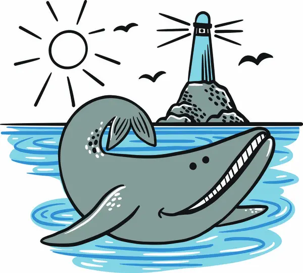 El çizimi Vektör Sanat Balinası Sahilde bir deniz fenerinin yanında