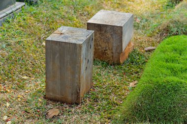Çimenli zemine yerleştirilmiş iki küp şeklinde ahşap bank basit ve doğal bir oturma seçeneği sunuyor..