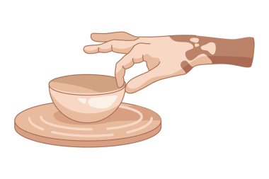 Ellerinle çömlekçi çarkında seramik yapıyorsun. Elim bitmiş ürüne dokunuyor. Stüdyolar için pankart ve seramik üzerine okullar. Vektör gerçekçiliği düz çizim. Yaratıcılık ve çalışma için illüstrasyon