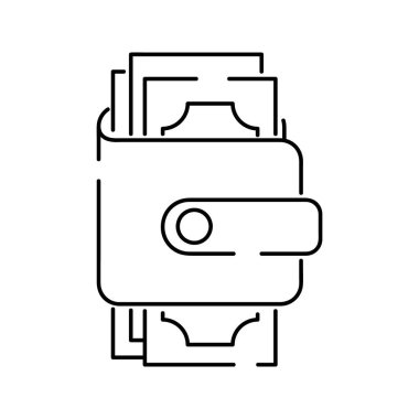 Para dolu cüzdan. Vektör çizgisi simgesi düz. Maaş sembolü, satış, para, iş, alım. Vektör illüstrasyonu beyaz arkaplanda izole edildi
