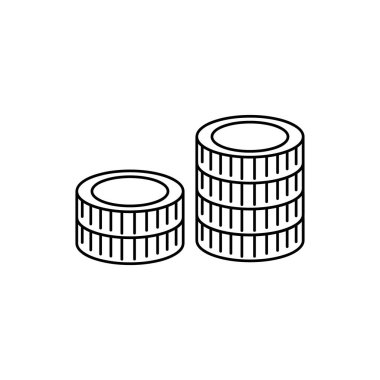 Vektör sikkeleri çizgi simgesi. İki deste bozuk para. Banka yatırımları, finansal bağımsızlık. Para sembolü, bahşiş, kumarhane fişleri.