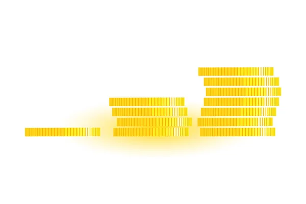Drie Stapels Munten Met Gouden Glanzende Munten Cartoon Wind Platte — Stockvector