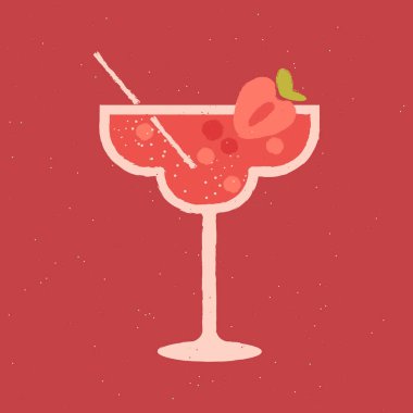 Arka planda bardakta alkollü içki. Çilekli Margarita. Sıvı içinde pipet olan meyveler. Düz dokulu vektör görüntü. Minimalist retro bar posteri