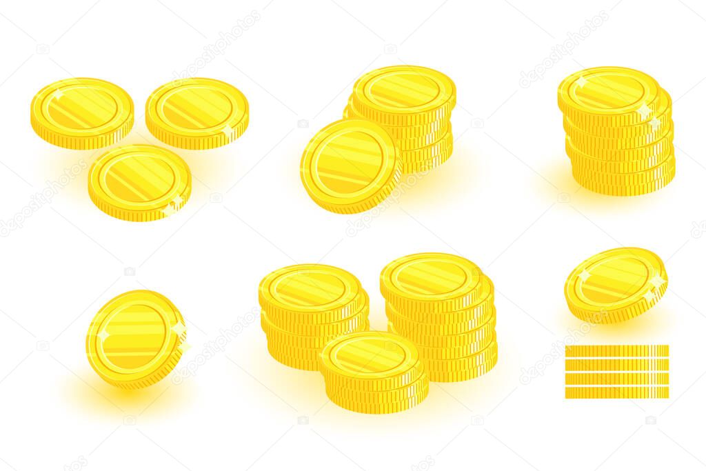 Round coin top view. Stacks of set of gold coins. Stack money. Falling coin. Vector flat illustration. Increasing profits and money. Wealth and economic growth symbol. design elements