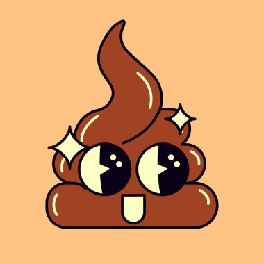 Shiny cartoon poop emoji in 80s style illustration. Vintage shit illustration in retro style. Bunch of brown poop icon in line style. Vector flat icon design