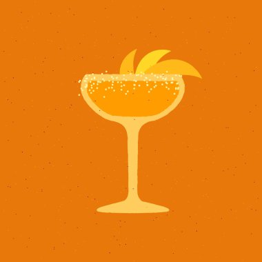 Cocktail margarita glass. Orange alcohol drink with citrus zest and rum. Drink for bar and event. Flat vector illustration with texture. Simple retro poster