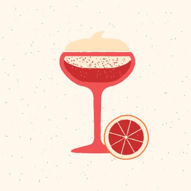 Margarita drink glass. Alcohol with cream and grapefruit. Pina colada with citrus. Red drink for wedding and celebration. Flat vector illustration with texture. minimalist drink poster