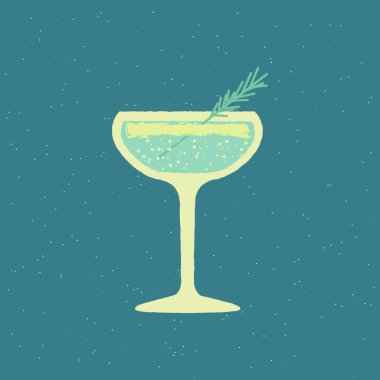 Cold cocktail. Margarita drink with gin tonic and rosemary. Refreshing alcoholic drink. Flat vector illustration with texture. Simple retro poster