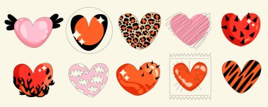 Havalı hippi aşk çıkartması seti. Retro çizgi film elemanları. Kalp 80 'lerin modası geçmiş 90' ların tarzında. Hayvan desenli kalpler. Vektör düzlüğü çizimi. Aşkın ve tutkunun sembolü.