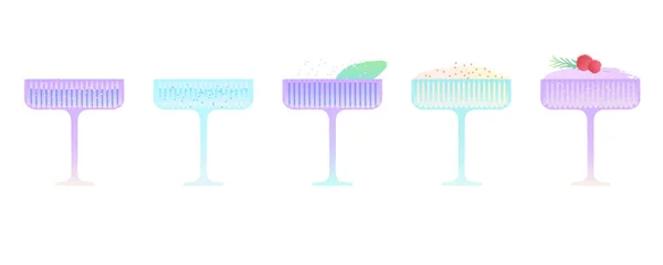 Σετ Ποτηριών Σαμπάνιας Αλκοολούχα Ποτά Μούρα Φύλλα Και Διάφορα Συστατικά — Διανυσματικό Αρχείο