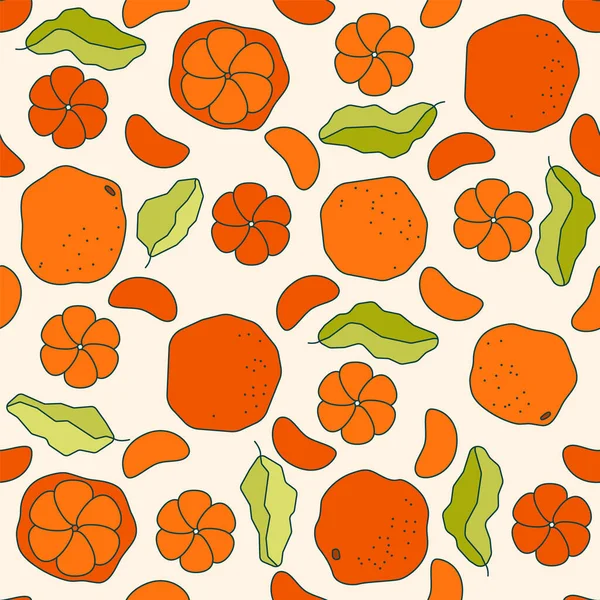 Vektor Nahtlose Musterillustration Mit Orangefarbenen Zitrusfrüchten Scheibe Und Blatt Mandarine — Stockvektor
