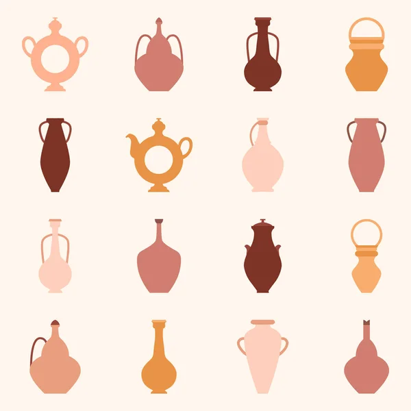 stock vector Vector flat illustration set. Various vases for drinking. Pottery studio icon set. Products made on potters wheel. Natural clay products in a simple style. Ukrainian traditional terracotta pots