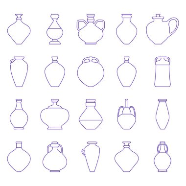 Çeşitli şekillerde tencerelerle vektör illüstrasyonu. Seramik vazo simgesini satır biçiminde ayarla. Sıvı için farklı şekillerde kaplar. Düzenlenebilir felç. Çömlekçi çarkında kil parçaları. Simetrik vazolar