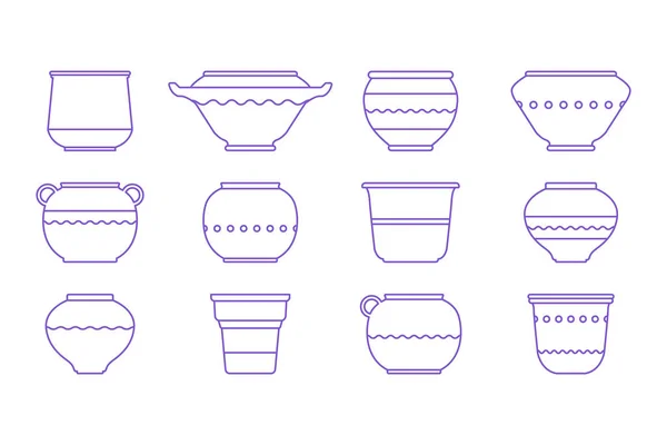 Definir Vasos Cerâmicos Estilo Linear Minimalista Ilustração Vetorial Com Tigela — Vetor de Stock