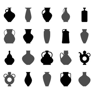 Siyah seramik kap seti. Kâseli ikonların siluet koleksiyonu. Eski seramik vazolar modaya uygun minimalist tarzda. Logo, kartpostal, posterler, gönderiler ve hikayeler için vektör çömlek simgeleri