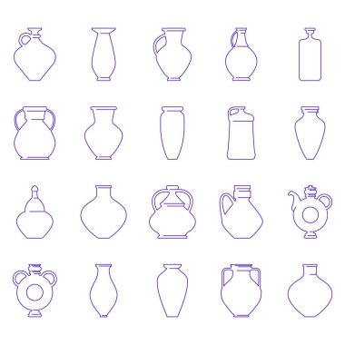 Vazo ve sürahi ikonu seti. Sanat tarzında vektör illüstrasyon seramik kaplar. Kase simgelerinin basit görüntüsü. Çeşitli şekillerdeki sıvılar için saksılar. Seramik stüdyo tasarımı için şablon