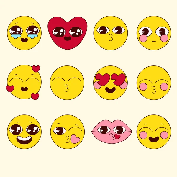Cartoon Retro Emoji Definido Estilo Linear Emoticons Amantes Definido Pacote — Vetor de Stock
