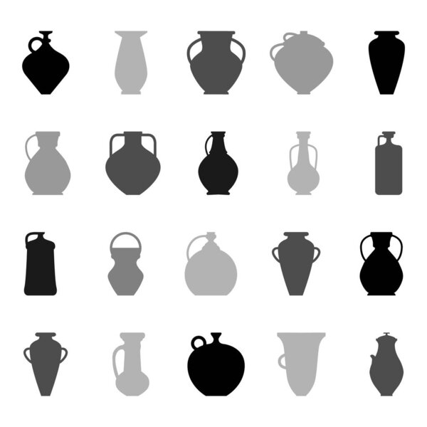 Vector illustration with collection of ancient ceramic objects. Set includes amphoras, jugs, jars, and bowls, made on a potters wheel. Black and gray pottery flat silhouette style