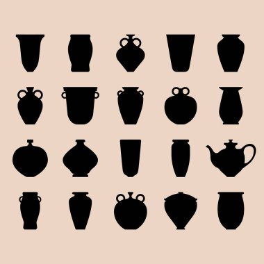 Siyah seramik kap. Vektör çömlek simgeleri. Kâseli siluet koleksiyonu simgeleri. Koleksiyonda vazolar, kaseler, porselen ve camdan yapılmış şişeler, antik cazibe ve klasik estetik