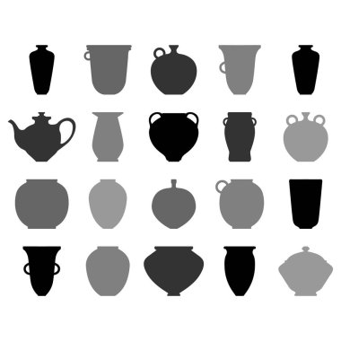 Eski seramik nesnelerin koleksiyonu ile vektör illüstrasyonu. Bardaklar, kavanozlar ve çömlekçi çarkından yapılmış kâselerle dolu. Siyah ve gri seramik nesne düz siluet biçiminde seramik nesneler. Siyah ve gri siluet nesne
