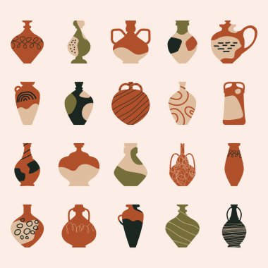 Boho tarzında seramik vazo koleksiyonu. Terracotta kavanozları, vazolar ve kaseler vektör düzlüğünde. Basit çizgili siluet kapları ve karalama stilinde nokta elemanları. Tasarım için karikatür şirin vazolar