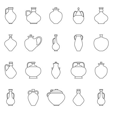 Eski vazolar ve sürahi seti. Sanat tarzında vektör illüstrasyon seramik kaplar. Kase simgeleri ayarlandı. Şablon için Boho tarzı seramik vazolar. Logo, kartpostal, poster, gönderi ve hikayeler için vektör seramik simgeleri