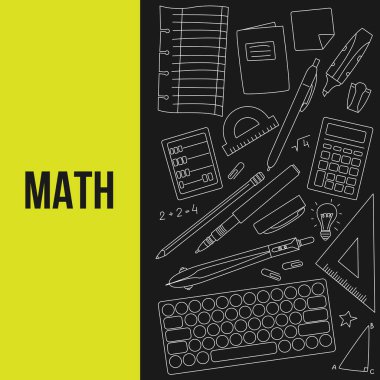 Matematik ve kırtasiye elementleri içeren siyah arkaplan afişi. Metin Matematiği ofis malzemeleriyle çevrili. Düzenlenebilir felçli Doodle stili vektör çizimi. Okul ve eğitim teması