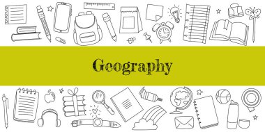 Neşeli karalamalarla okul pankartına canlı dönüş. Doğrusal çizimler kullanarak coğrafya ve eğitim temaları. Düzenlenebilir felçli Doodle tarzı vektör. Coğrafya için yatay pankart